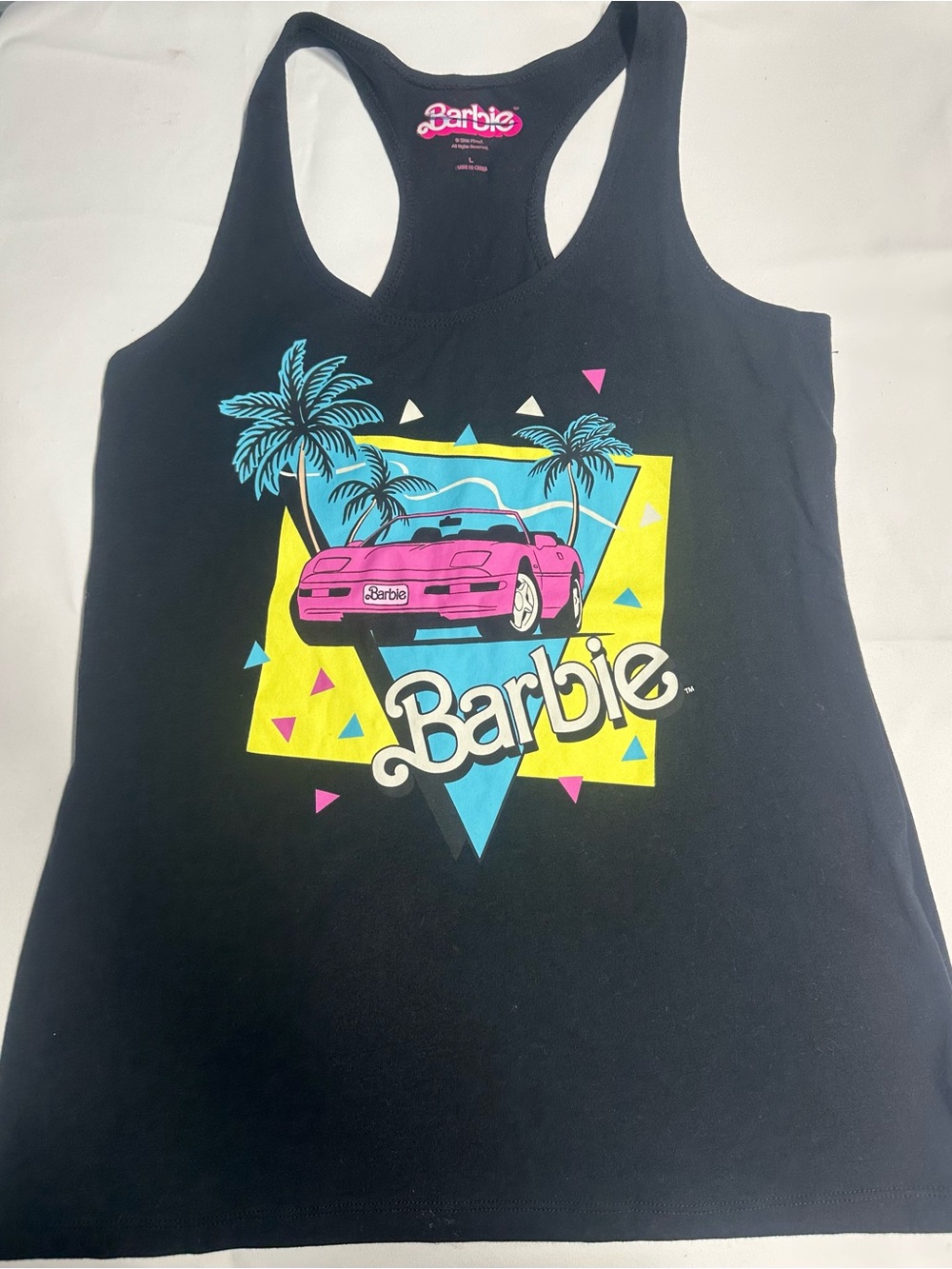 Barbie Black Muscle Tank with Pink Car and Neon Graphic